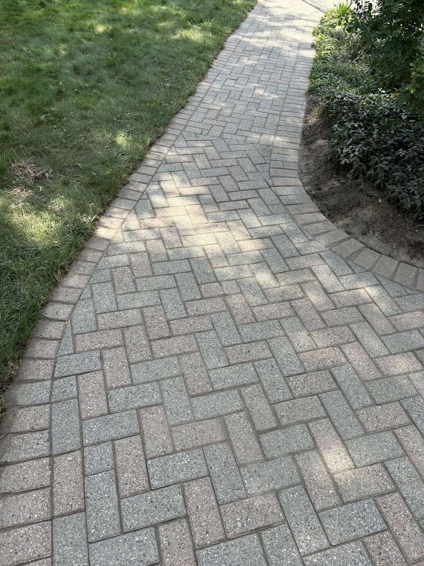 Curved brick pathway beside green grass and plants, lit by sunlight.