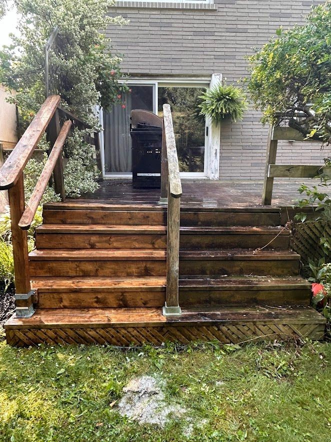 Wooden steps leading to a patio with a sliding glass door, surrounded by greenery and plants.